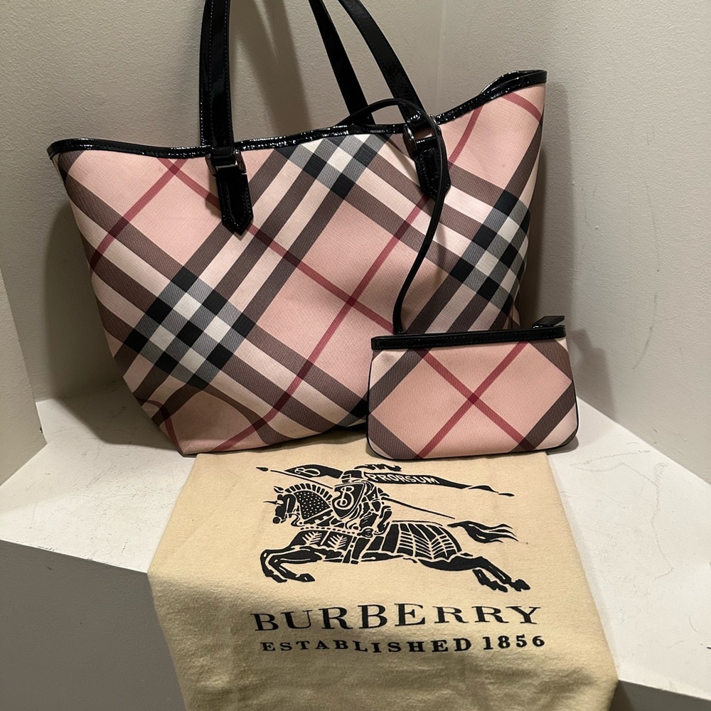 Burberry Pink and Black Plaid Tote with Pouch